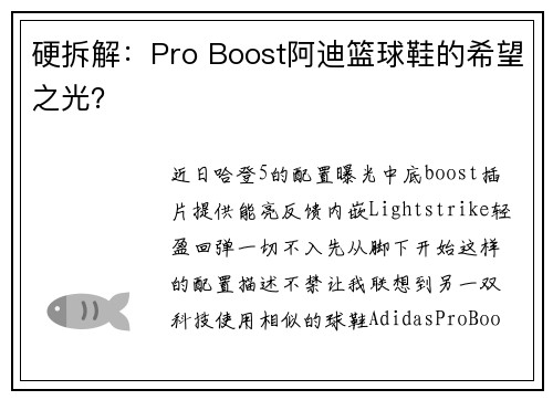 硬拆解:Pro Boost阿迪篮球鞋的希望之光?